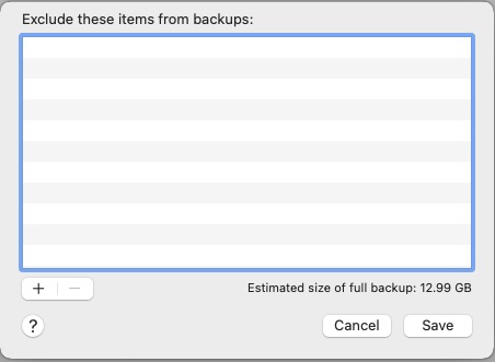 Options, exclude items from backup